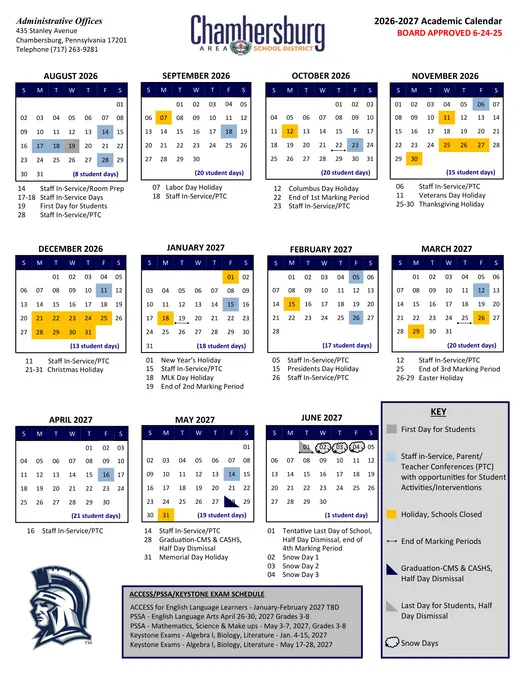 Chambersburg Area School District 2026–2027 Academic Calendar