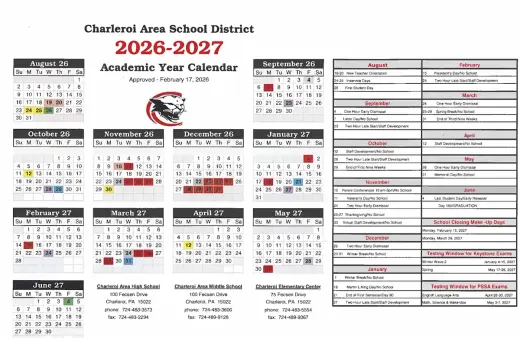 Charleroi Area School District 2026–2027 Academic Calendar Page 2