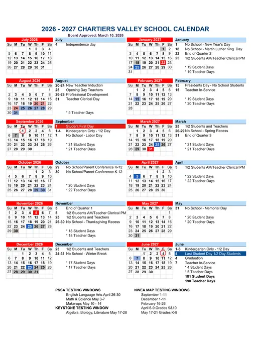 Chartiers Valley School 2026–2027 Academic Calendar Page 1