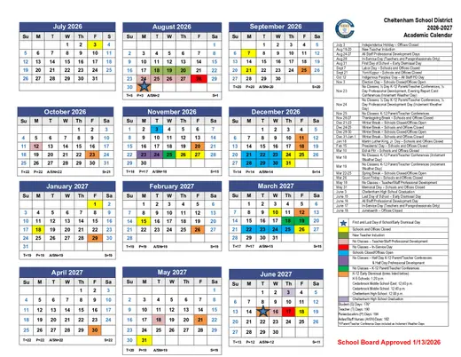 Cheltenham School District 2026–2027 Academic Calendar Page 1