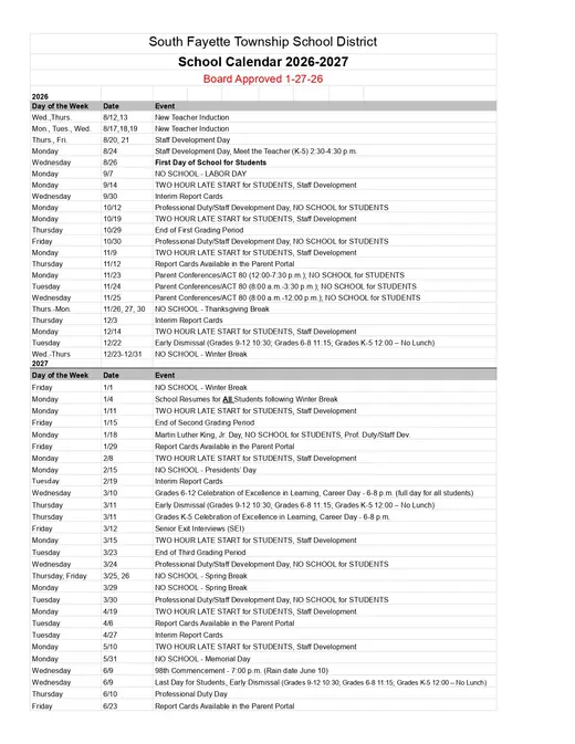 Cheltenham School District 2026–2027 Academic Calendar Page 2