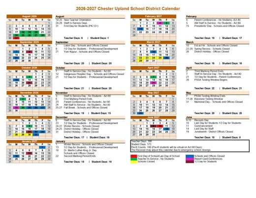 Chester Upland School District 2026–2027 Academic Calendar Page 1