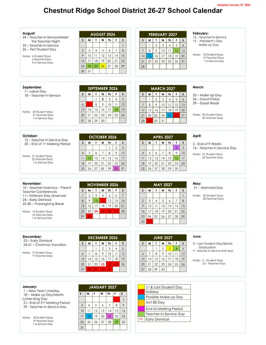 Chestnut Ridge School District 2026–2027 Academic Calendar Page 1