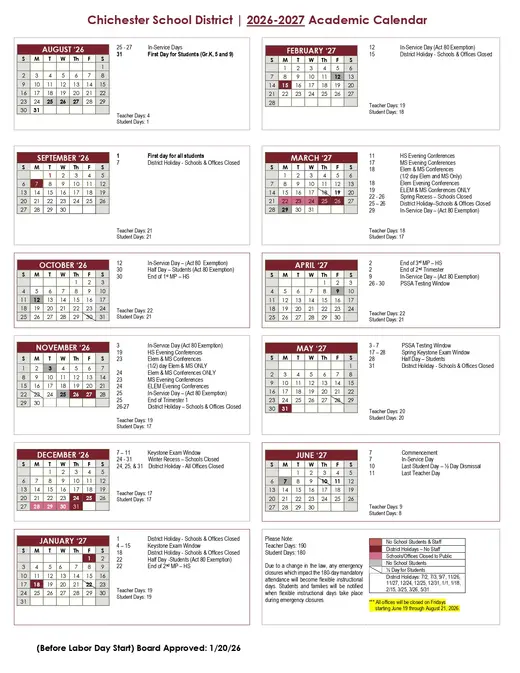 Chichester School District 2026–2027 Academic Calendar Page 1