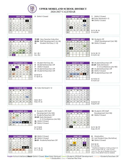 Chichester School District 2026–2027 Academic Calendar Page 2
