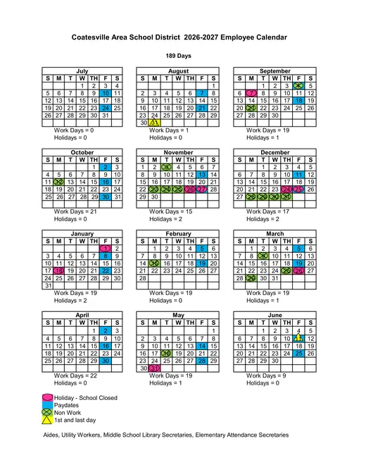 Coatesville Area School District 2026–2027 Academic Calendar Page 1