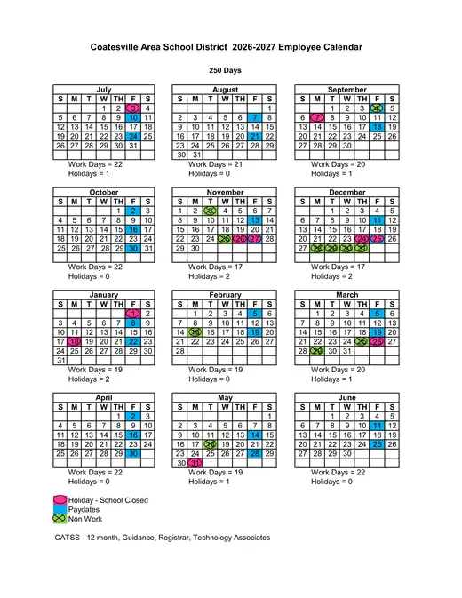 Coatesville Area School District 2026–2027 Academic Calendar Page 2