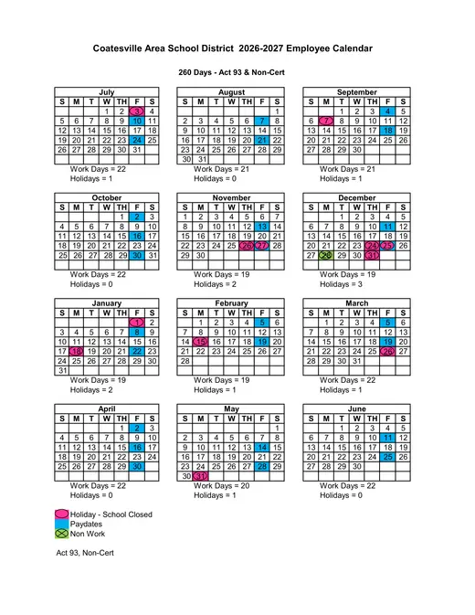Coatesville Area School District 2026–2027 Academic Calendar Page 3