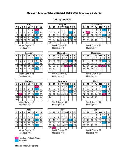 Coatesville Area School District 2026–2027 Academic Calendar Page 4