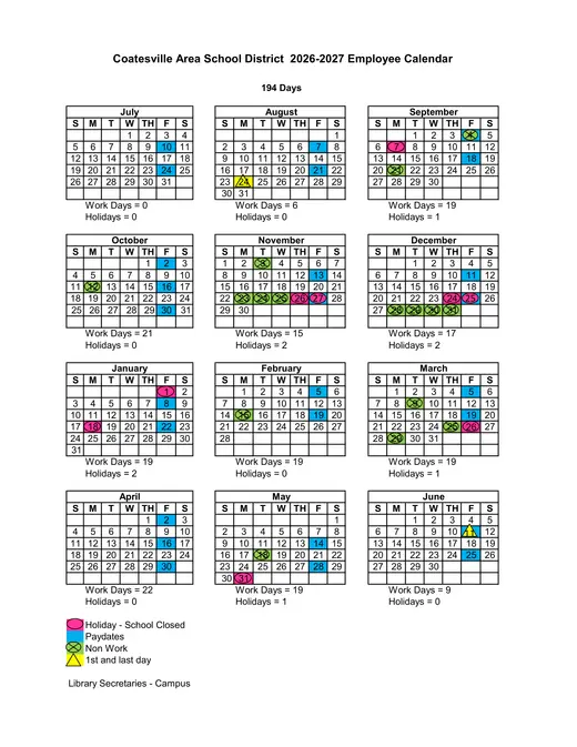 Coatesville Area School District 2026–2027 Academic Calendar Page 7