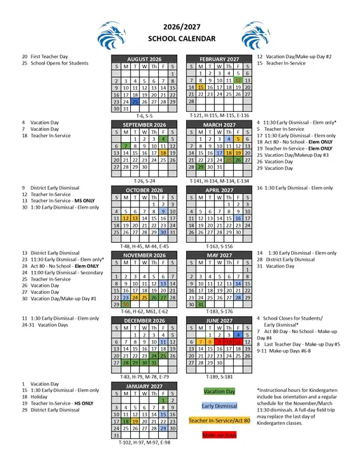Cocalico School District 2026–2027 Academic Calendar Page 1