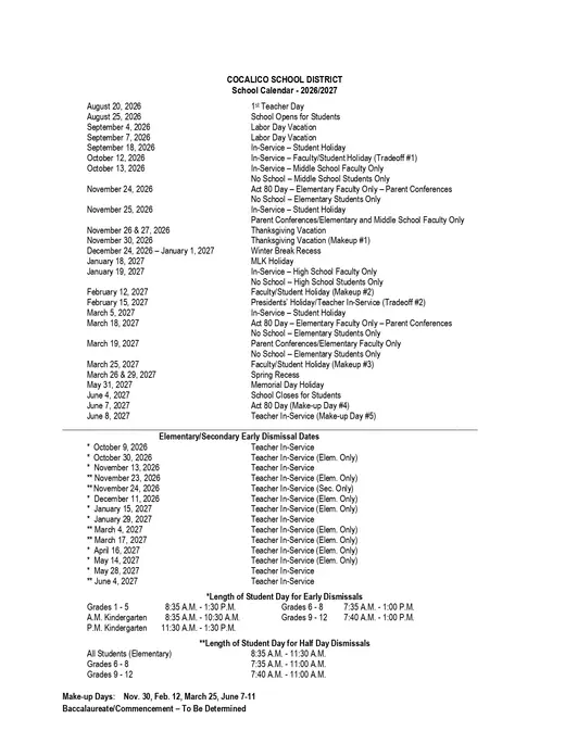 Cocalico School District 2026–2027 Academic Calendar Page 2