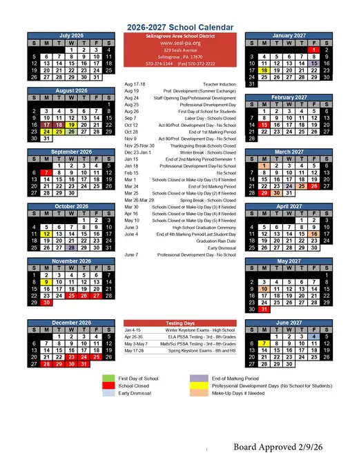 Cocalico School District 2026–2027 Academic Calendar Page 3