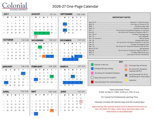 Colonial School District 2026–2027 Academic Calendar