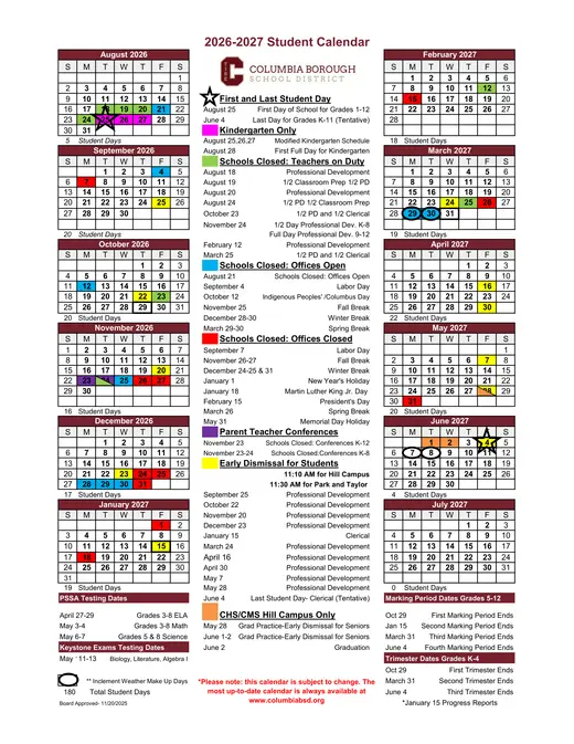 Columbia Borough School District 2026–2027 Academic Calendar