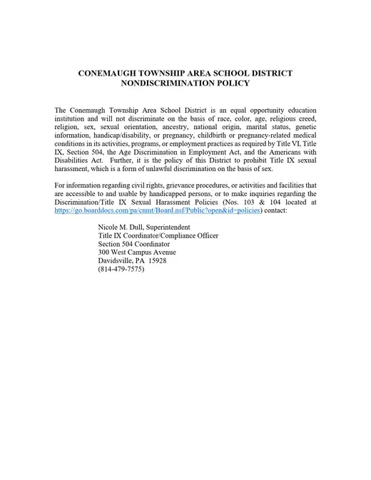 Conemaugh Township Area School District 2026–2027 Academic Calendar Page 2