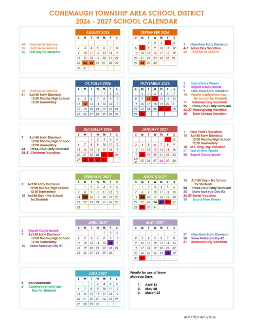 Conemaugh Township Area School District 2026–2027 Academic Calendar Page 1