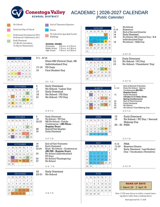 Conestoga Valley School District 2026–2027 Academic Calendar