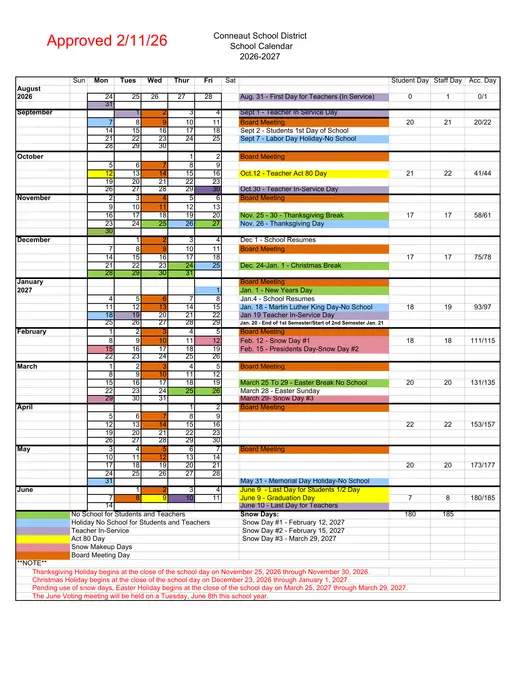 Conneaut School District 2026–2027 Academic Calendar