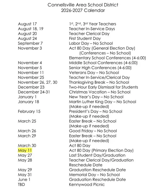 Connellsville Area School District 2026–2027 Academic Calendar Page 2