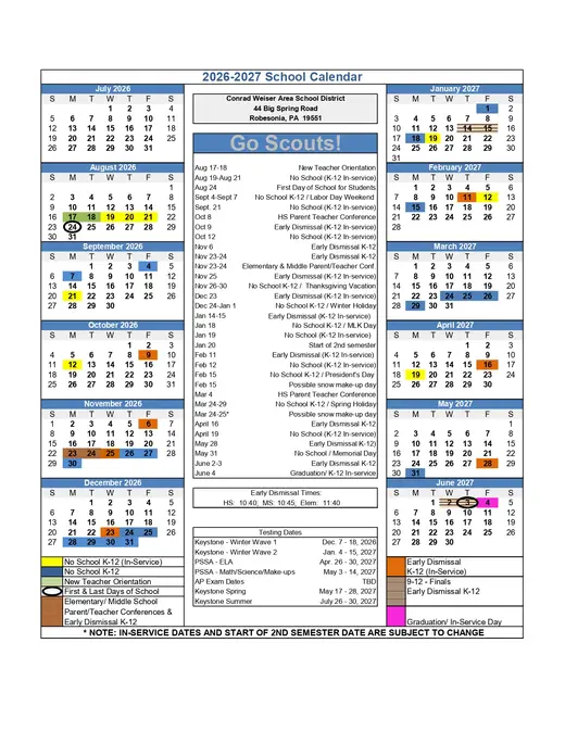Conrad Weiser Area School District 2026–2027 Academic Calendar