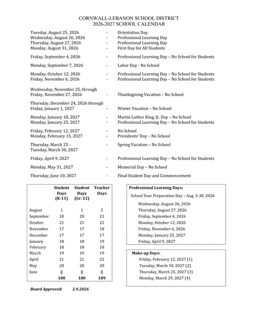 Cornwall-Lebanon School District 2026–2027 Academic Calendar Page 1