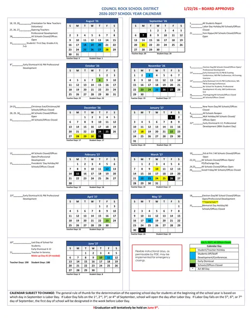 Council Rock School District 2026–2027 Academic Calendar
