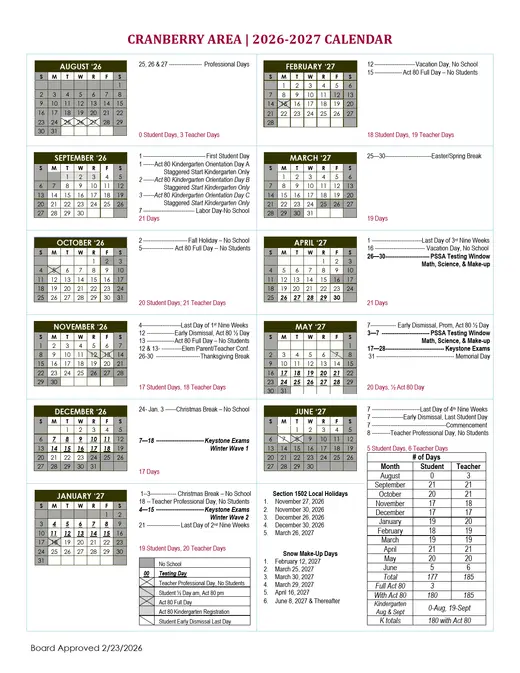 Cranberry Area 2026–2027 Academic Calendar Page 1
