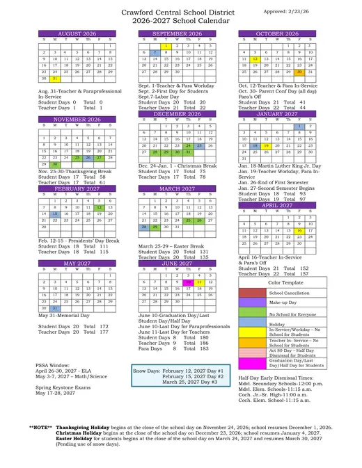 Crawford Central School District 2026–2027 Academic Calendar