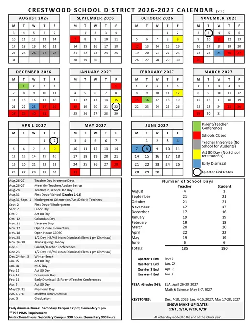 Crestwood School District 2026–2027 Academic Calendar Page 1