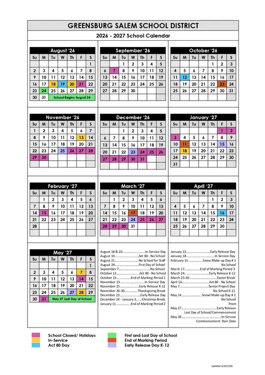 Crestwood School District 2026–2027 Academic Calendar Page 2