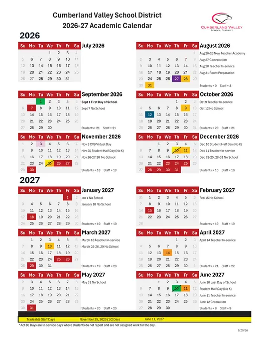 Cumberland Valley School District 2026–2027 Academic Calendar