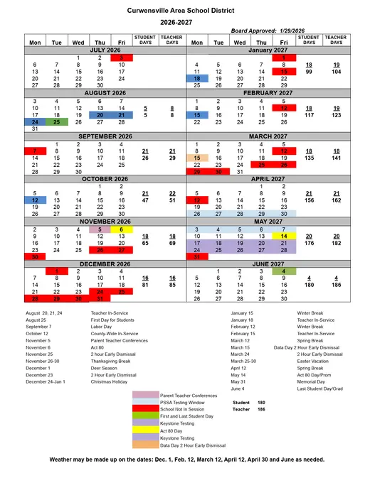 Curwensville Area School District 2026–2027 Academic Calendar Page 1