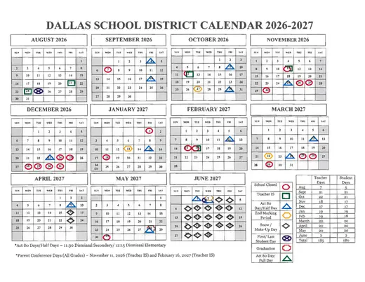 Dallas School District 2026–2027 Academic Calendar Page 1