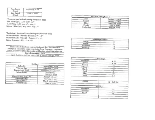 Dallas School District 2026–2027 Academic Calendar Page 2