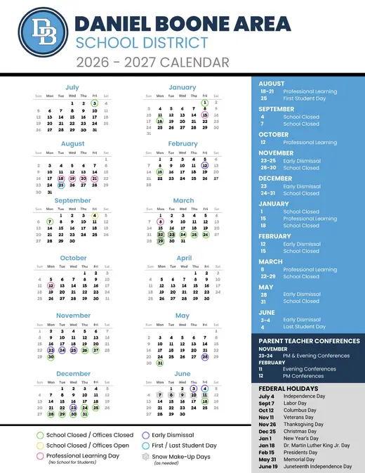 Daniel Boone Area School District 2026–2027 Academic Calendar