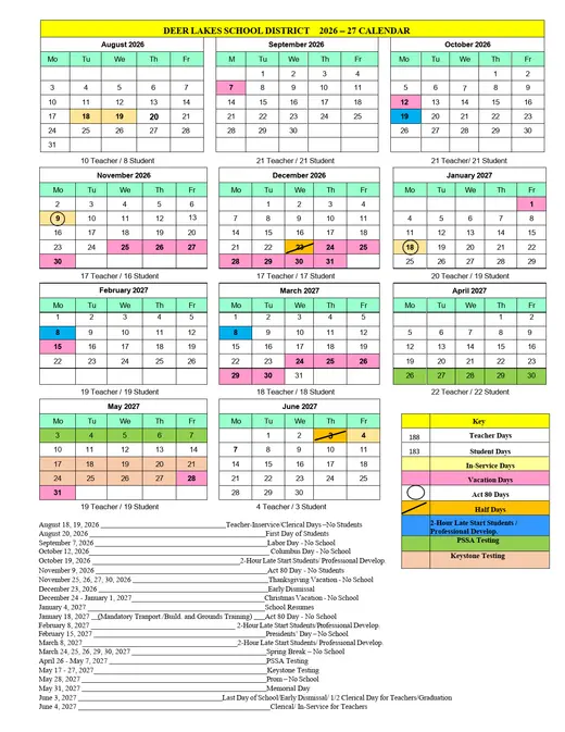 Deer Lakes School District 2026–2027 Academic Calendar Page 1