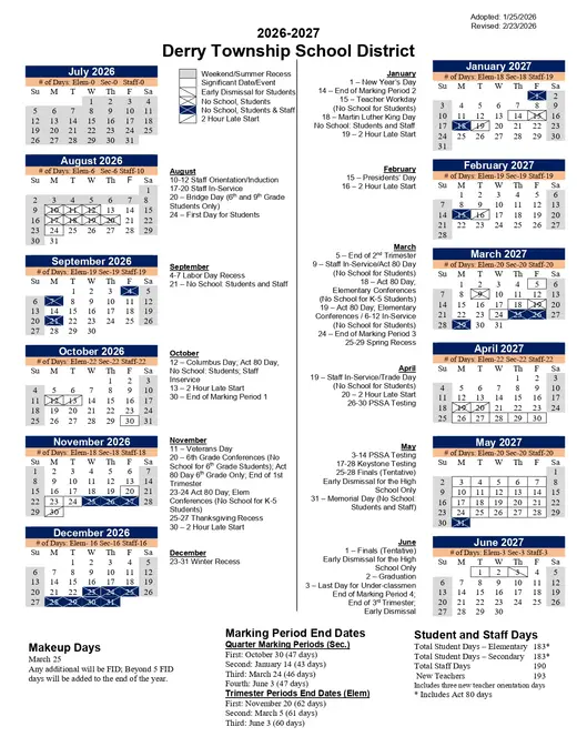 Derry Township School District 2026–2027 Academic Calendar