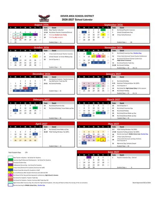 Dover Area School District 2026–2027 Academic Calendar