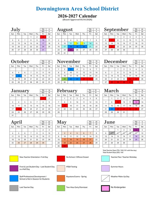 Downingtown Area School District 2026–2027 Academic Calendar Page 1