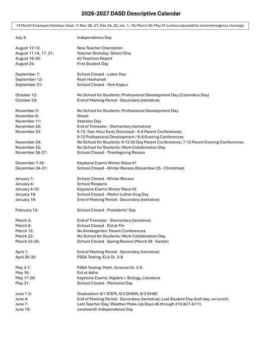 Downingtown Area School District 2026–2027 Academic Calendar Page 2