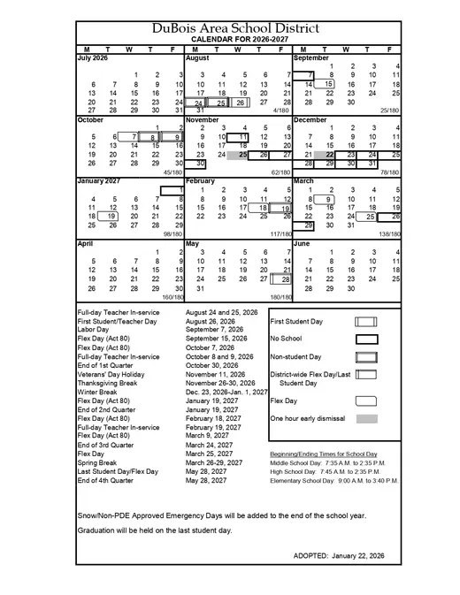 DuBois Area School District 2026–2027 Academic Calendar Page 1