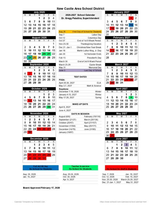 DuBois Area School District 2026–2027 Academic Calendar Page 2