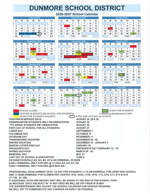 Dunmore School District 2026–2027 Academic Calendar Page 1