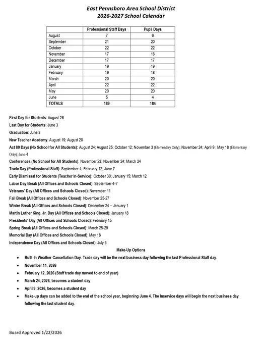 East Pennsboro Area School District 2026–2027 Academic Calendar Page 1