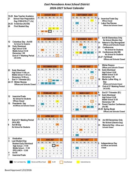 East Pennsboro Area School District 2026–2027 Academic Calendar Page 2