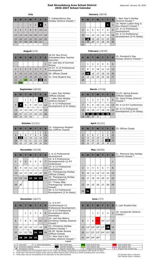 East Stroudsburg Area School District 2026–2027 Academic Calendar