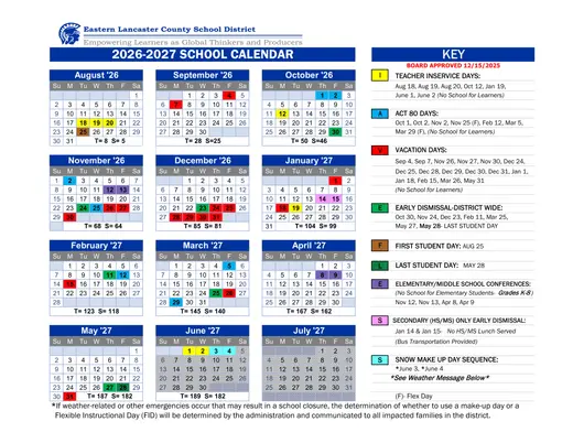 Eastern Lancaster County School District 2026–2027 Academic Calendar Page 1