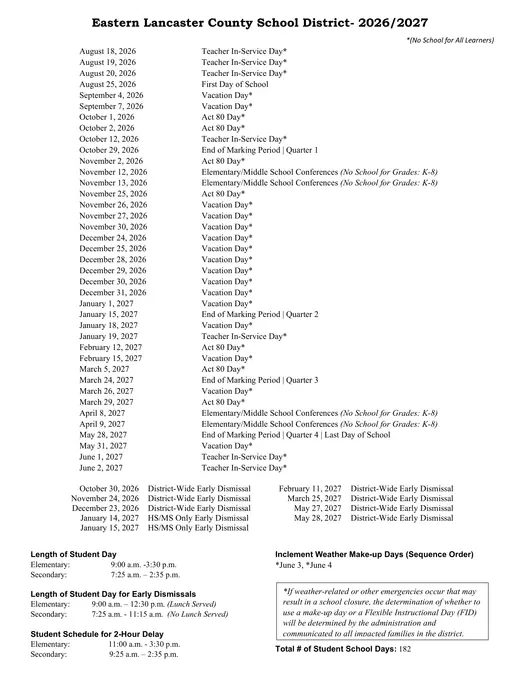 Eastern Lancaster County School District 2026–2027 Academic Calendar Page 2