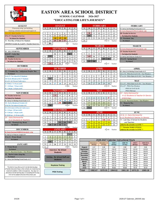 Easton Area School District 2026–2027 Academic Calendar